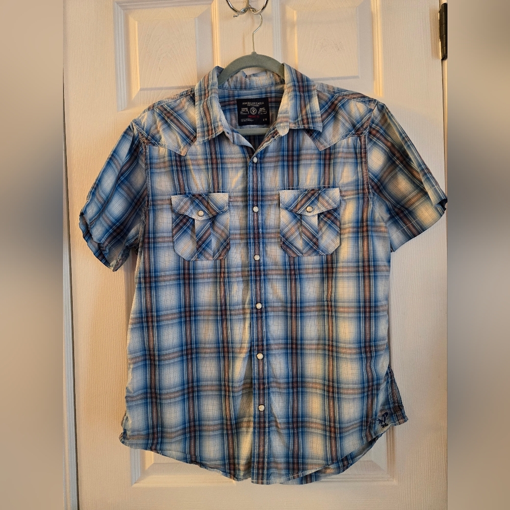 American Eagle Men's Short Sleeve Blue Plaid Button Up Shirt Vintage Fit Large